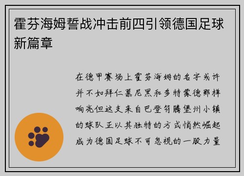 霍芬海姆誓战冲击前四引领德国足球新篇章